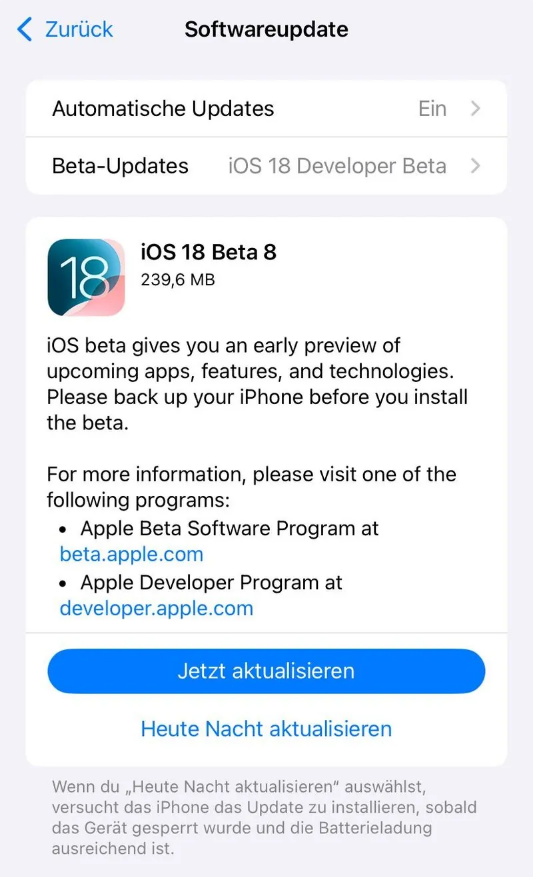 镇坪苹果手机维修分享苹果 iOS / iPadOS 18 开发者预览版 Beta 8 发布 